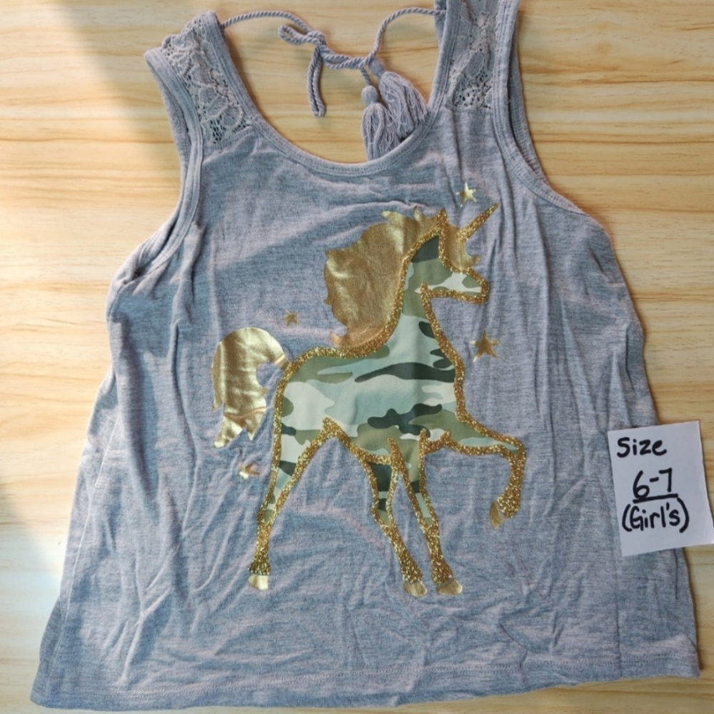 🩷Justice girl's army printed unicorn tank top size: 6/7